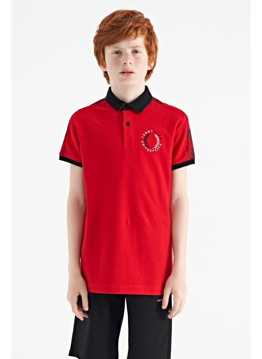 Red Print Detailed Pola Collar Standard Pattern Boys T-Shirt - 11166