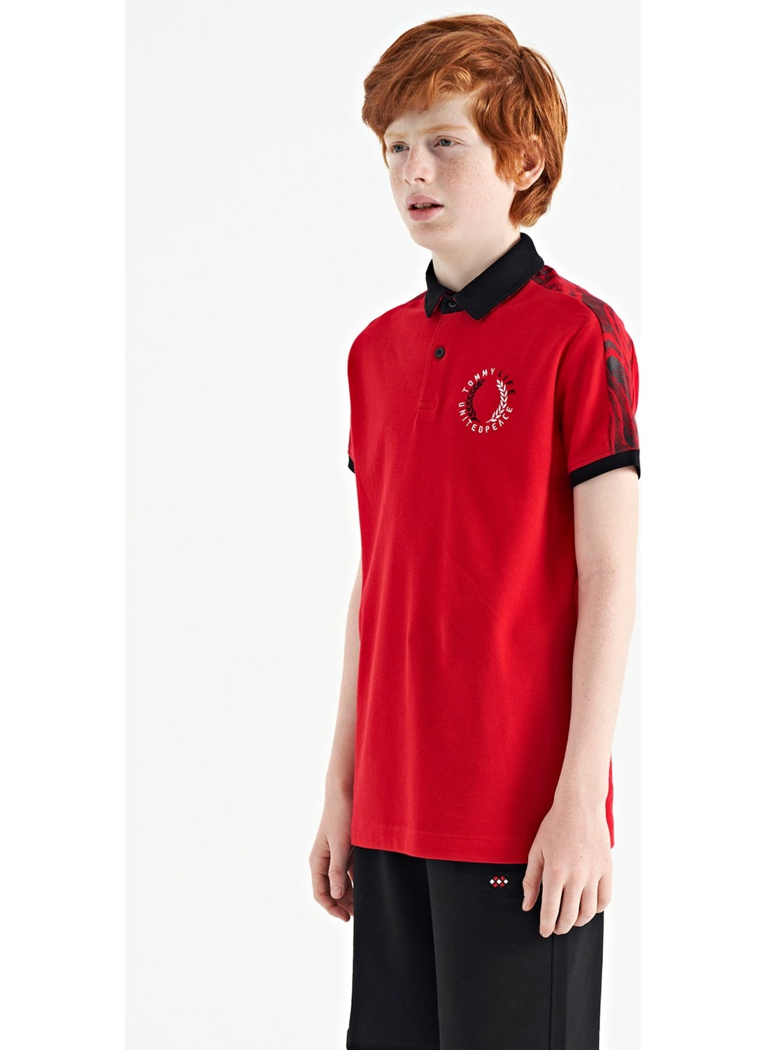 Red Print Detailed Pola Collar Standard Pattern Boys T-Shirt - 11166