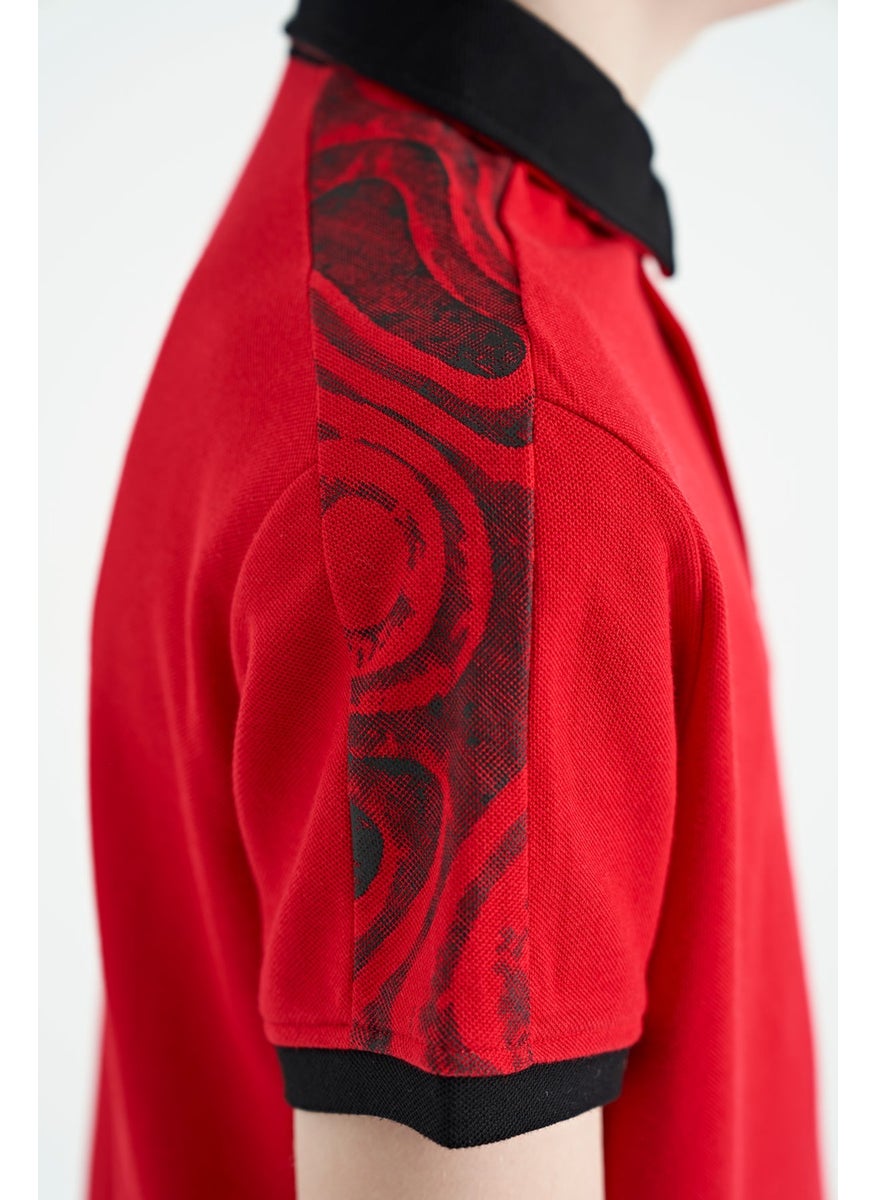 Red Print Detailed Pola Collar Standard Pattern Boys T-Shirt - 11166