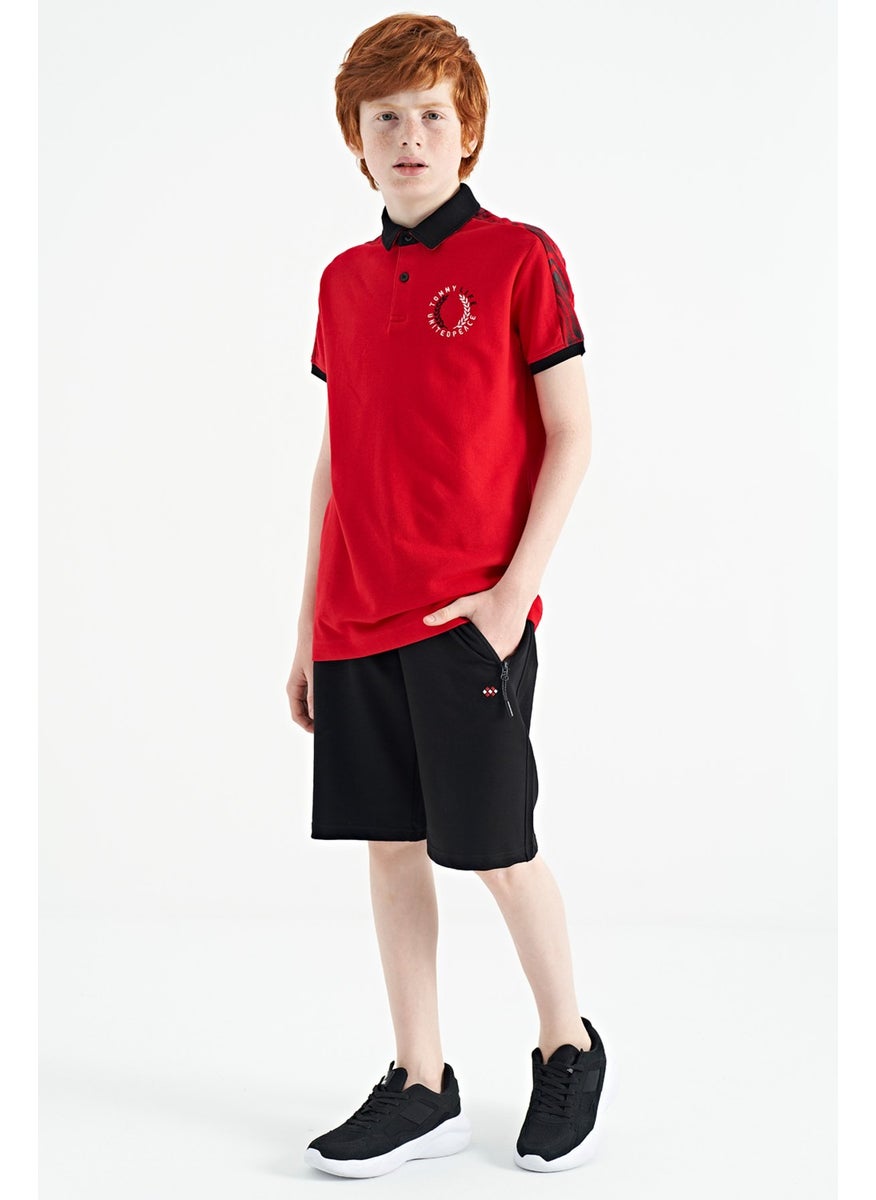 Red Print Detailed Pola Collar Standard Pattern Boys T-Shirt - 11166