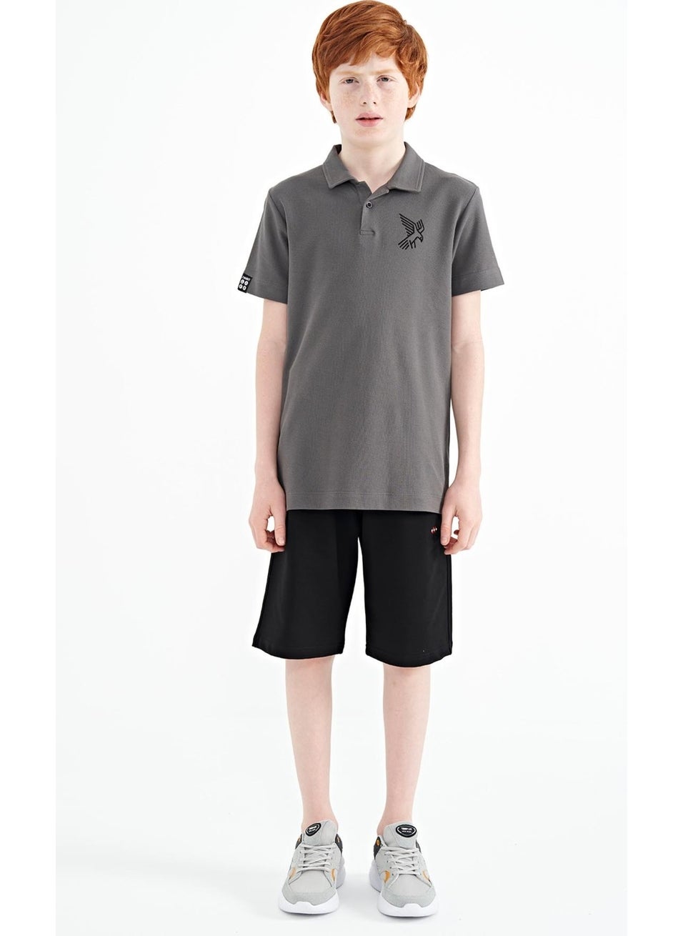 Dark Gray Minimal Embroidery Detailed Standard Pattern Polo Collar Boy T-Shirt - 11084