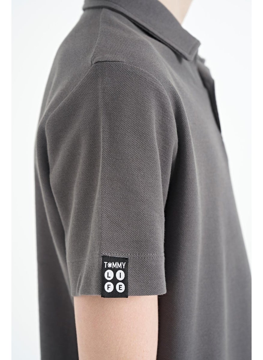 Dark Gray Minimal Embroidery Detailed Standard Pattern Polo Collar Boy T-Shirt - 11084