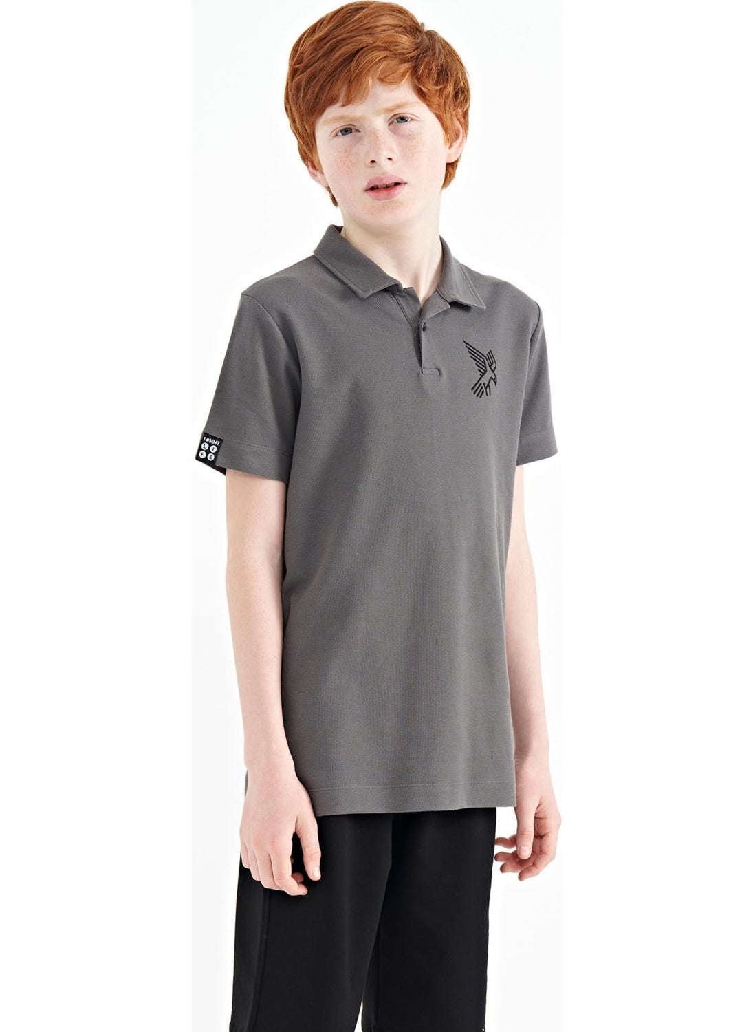 Dark Gray Minimal Embroidery Detailed Standard Pattern Polo Collar Boy T-Shirt - 11084