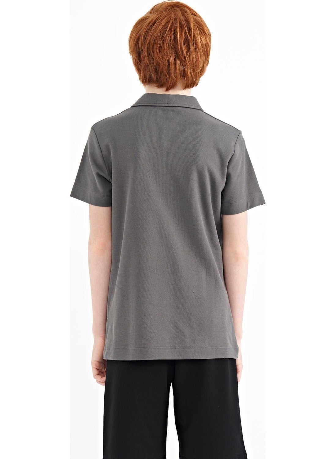 Dark Gray Minimal Embroidery Detailed Standard Pattern Polo Collar Boy T-Shirt - 11084