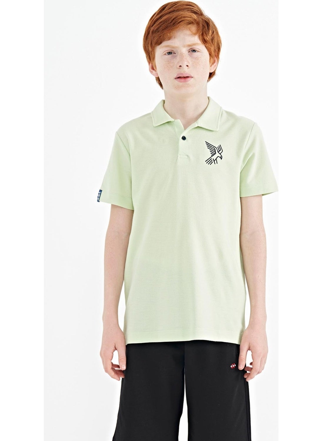 Light Green Minimal Embroidery Detailed Standard Pattern Polo Collar Boy T-Shirt - 11084