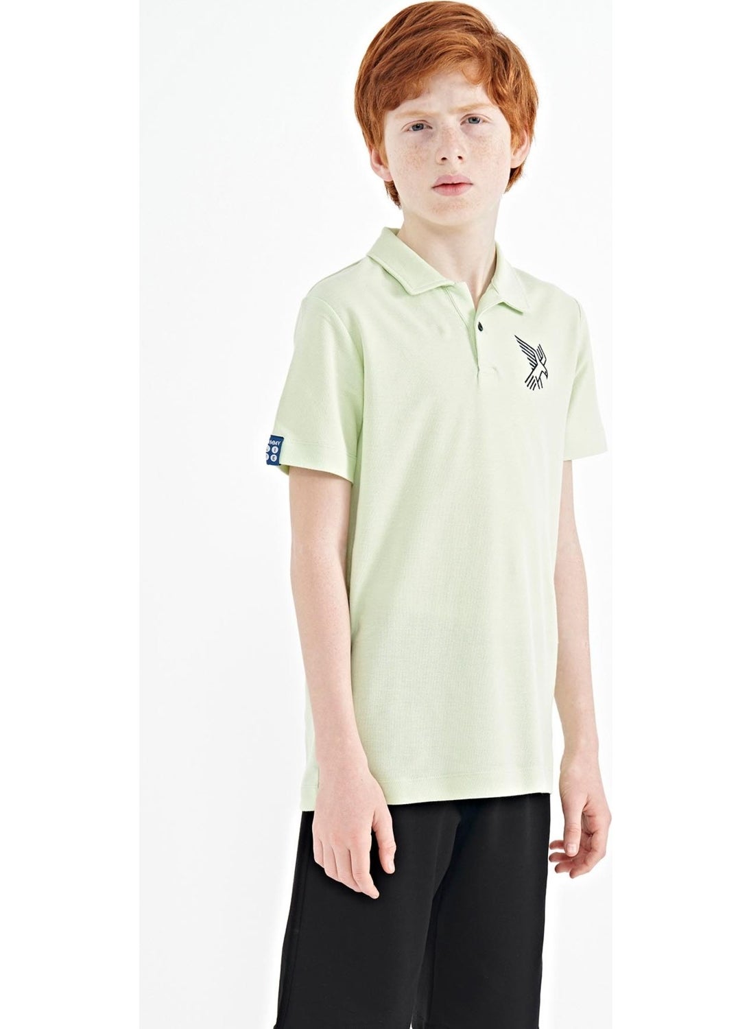Light Green Minimal Embroidery Detailed Standard Pattern Polo Collar Boy T-Shirt - 11084