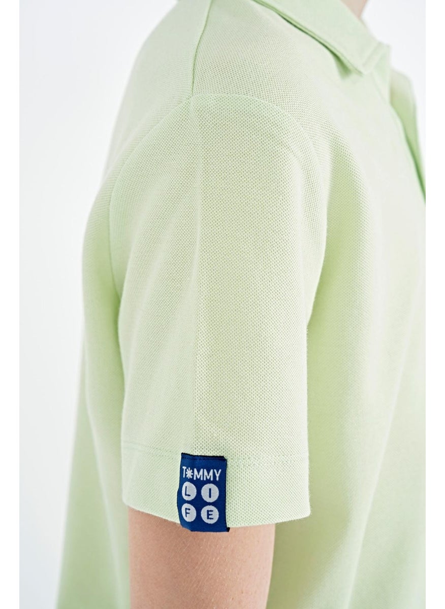 Light Green Minimal Embroidery Detailed Standard Pattern Polo Collar Boy T-Shirt - 11084