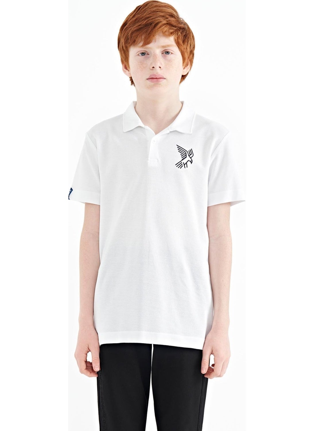 White Minimal Embroidery Detailed Standard Pattern Polo Neck Boy T-Shirt - 11084