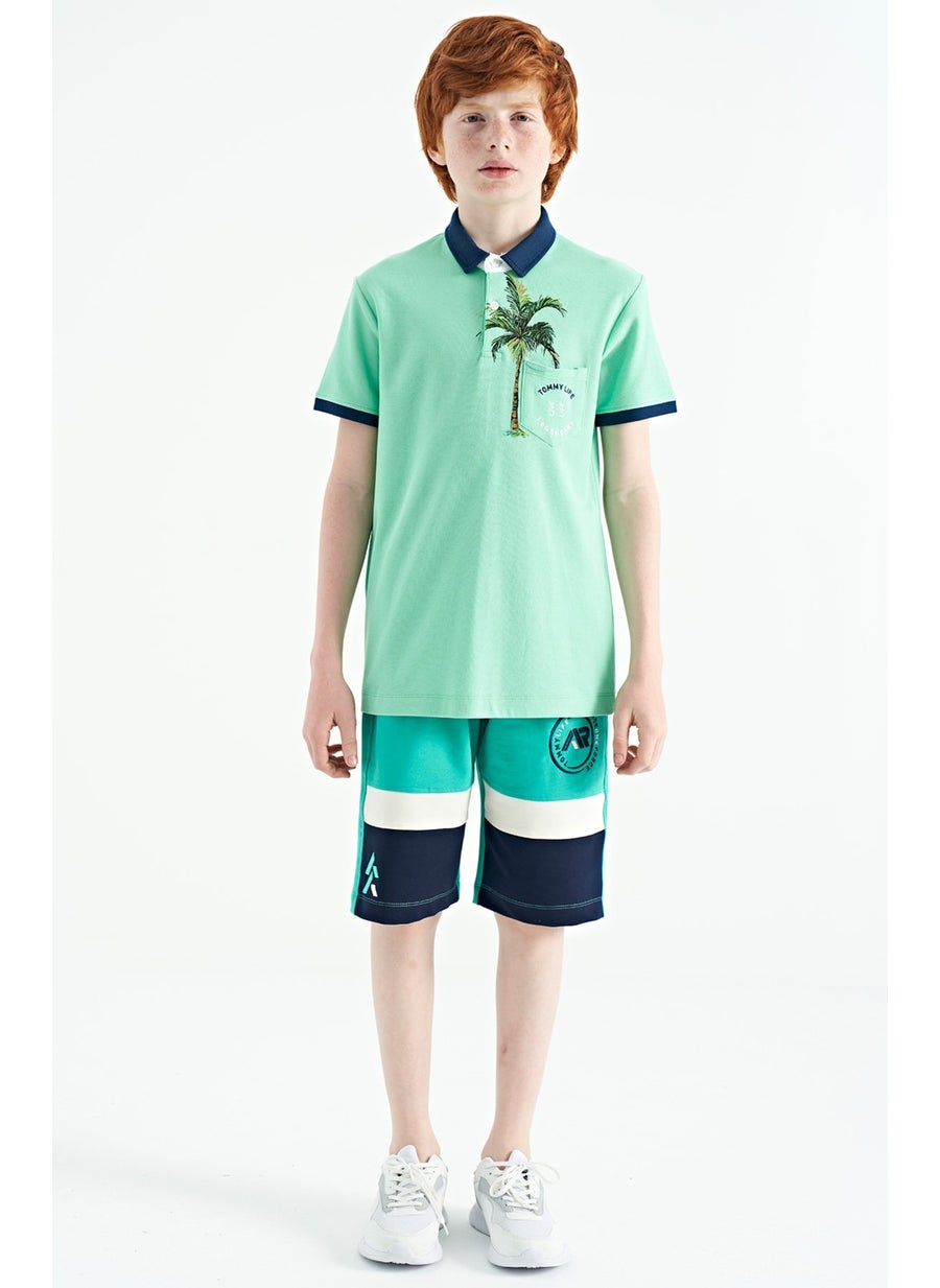 Aqua Green Printed Pocket Detailed Standard Size Polo Collar Boy's T-Shirt - 11144