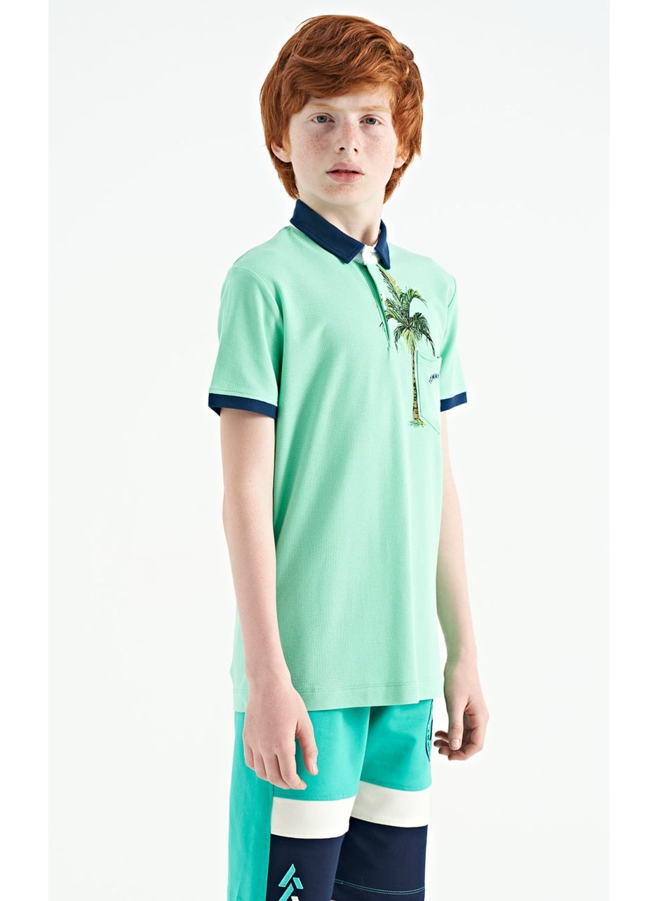 Aqua Green Printed Pocket Detailed Standard Size Polo Collar Boy's T-Shirt - 11144
