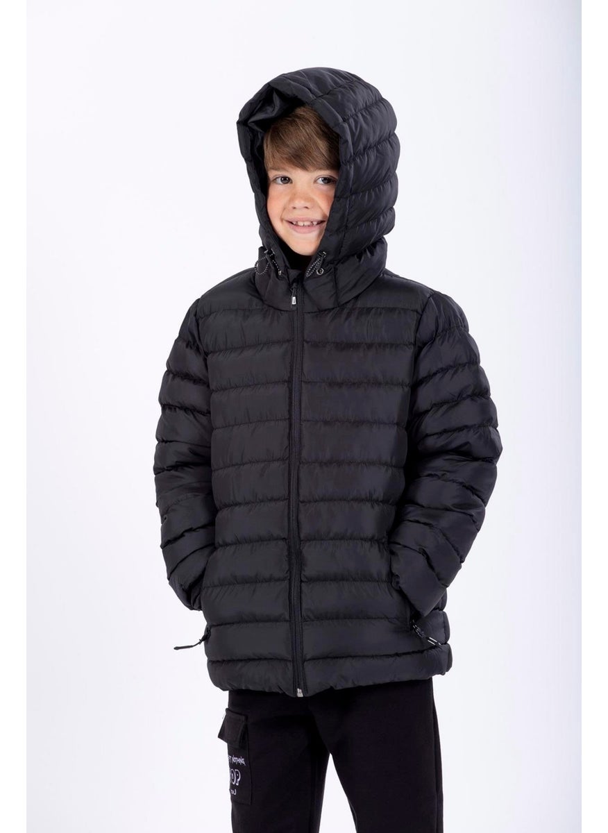 Hooded Long Sleeve Zippered Black Color Boy's Coat