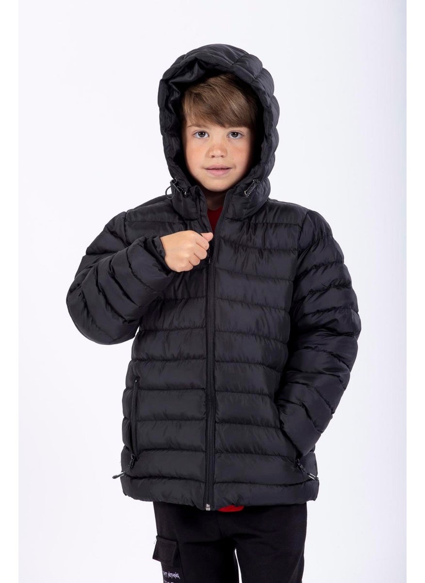 Hooded Long Sleeve Zippered Black Color Boy's Coat