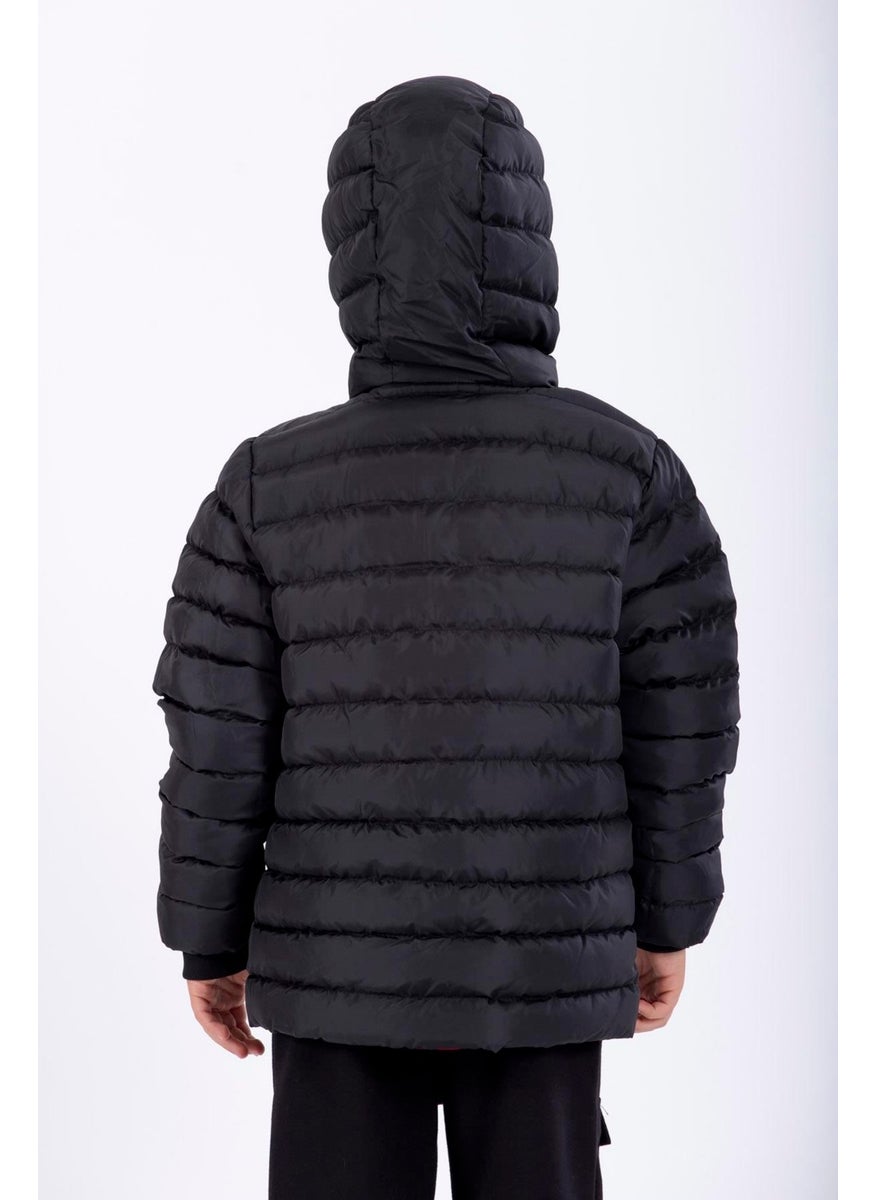 Hooded Long Sleeve Zippered Black Color Boy's Coat