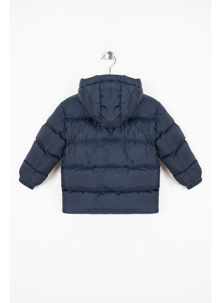 Hooded Long Sleeve Buttoned Zippered Hooded Long Sleeve Navy Blue Color Boy's Coat