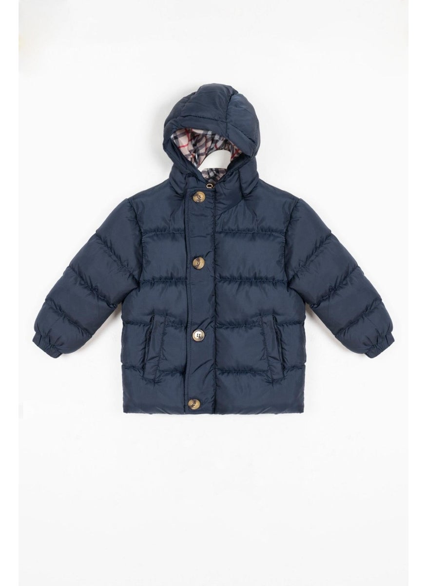 Hooded Long Sleeve Buttoned Zippered Hooded Long Sleeve Navy Blue Color Boy's Coat