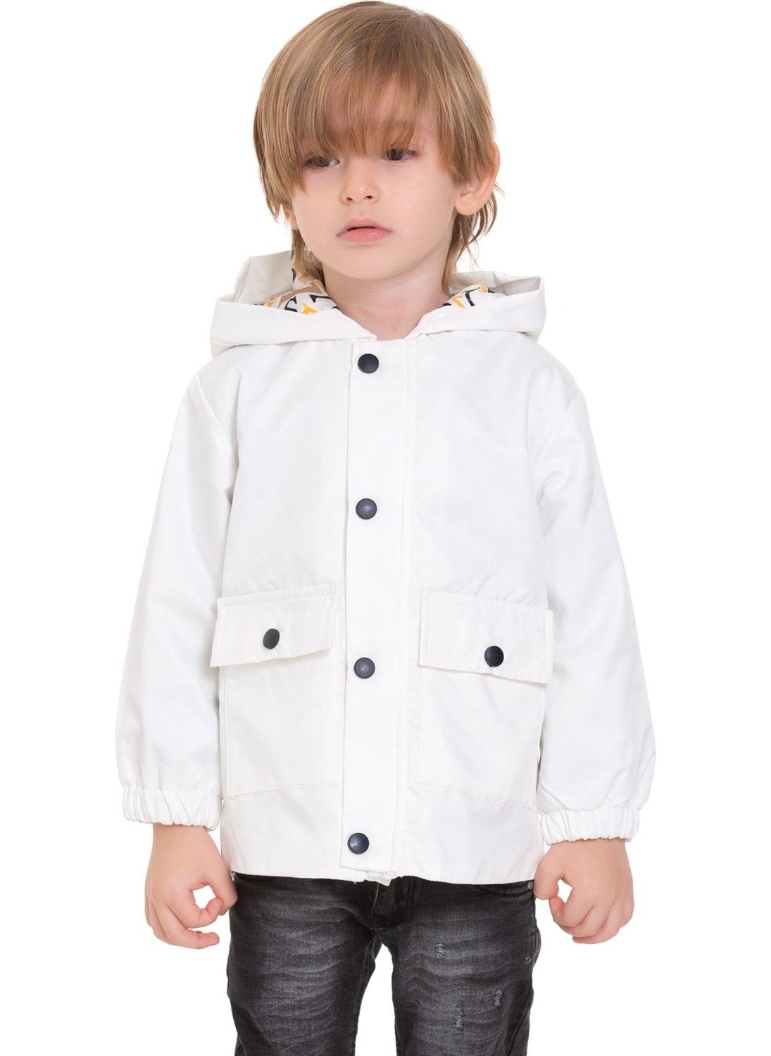 Hooded Long Sleeve Bear Printed White Color Boy Raincoat