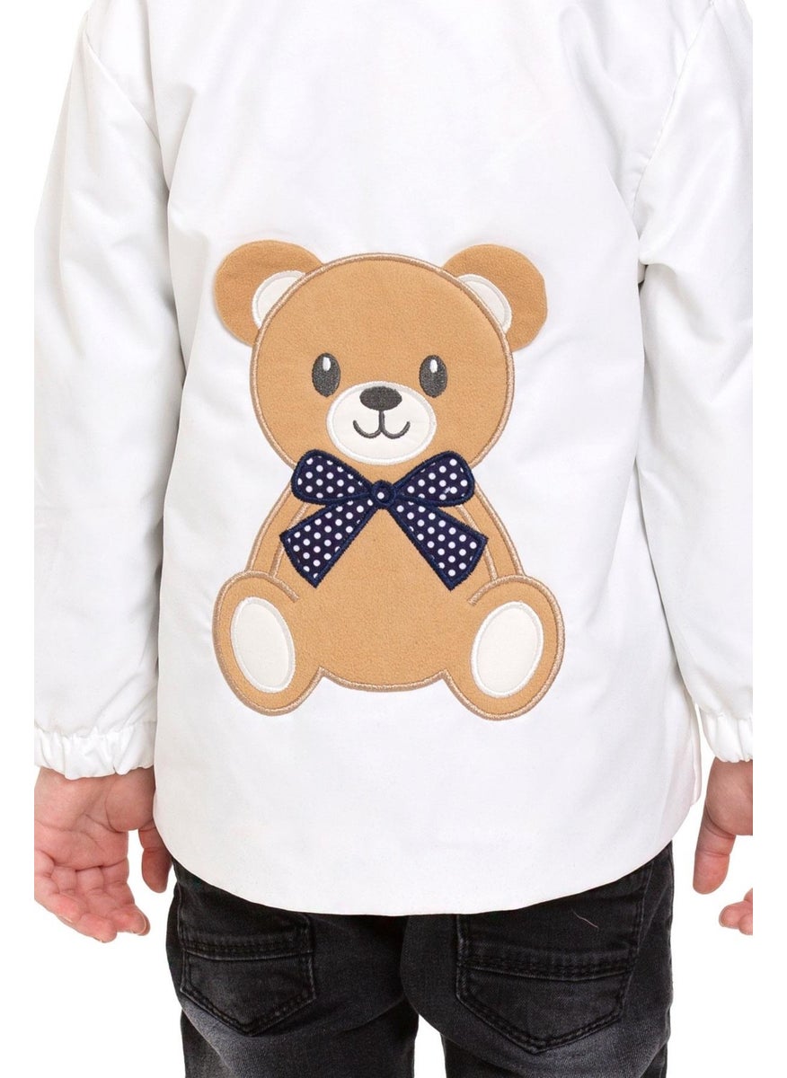 Hooded Long Sleeve Bear Printed White Color Boy Raincoat