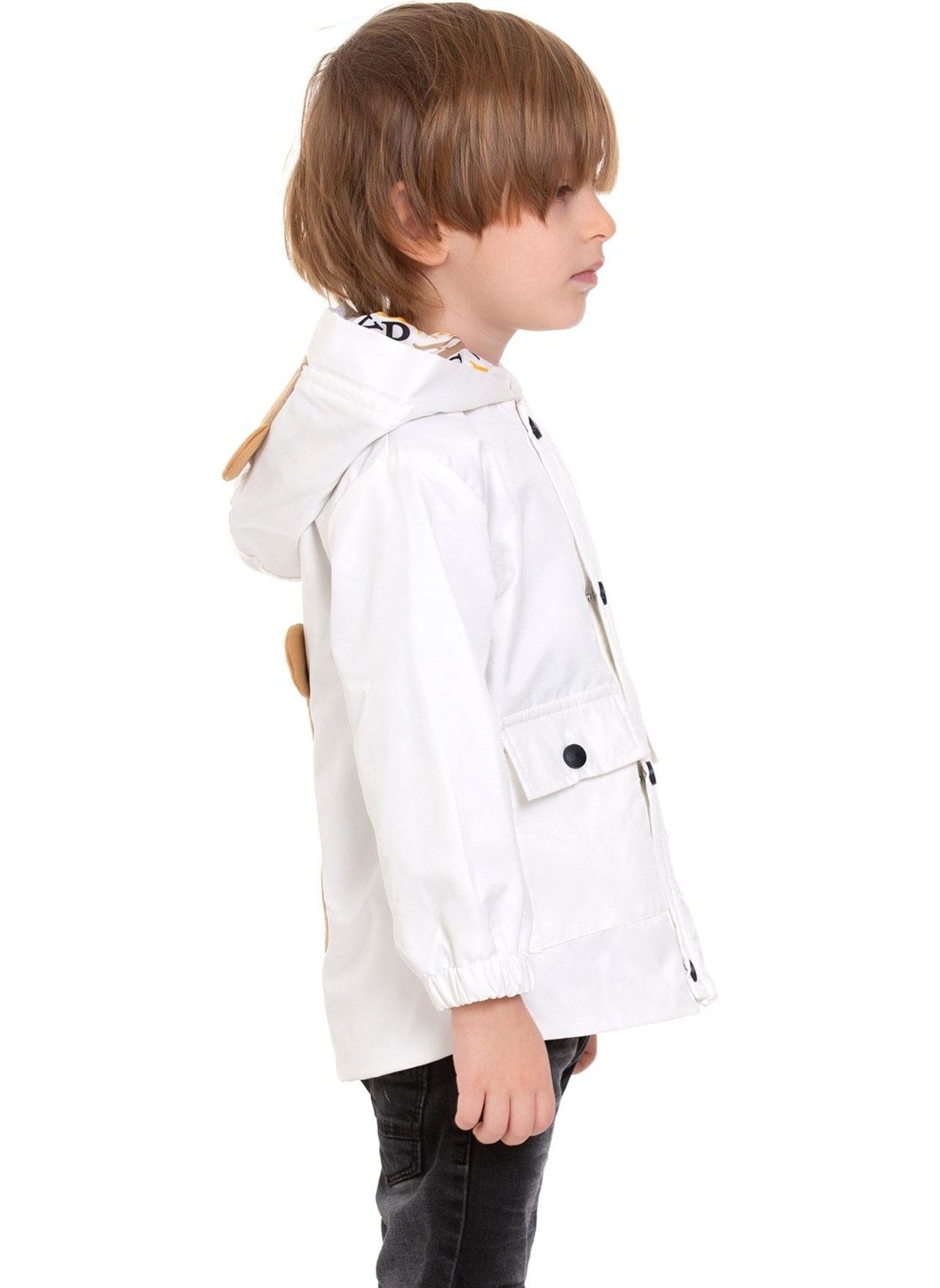Hooded Long Sleeve Bear Printed White Color Boy Raincoat