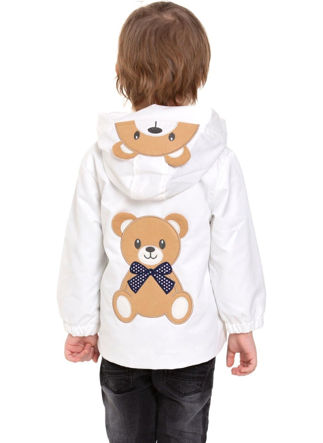 Hooded Long Sleeve Bear Printed White Color Boy Raincoat