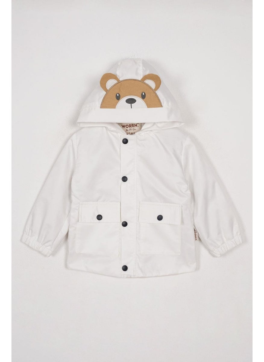 Hooded Long Sleeve Bear Printed White Color Boy Raincoat