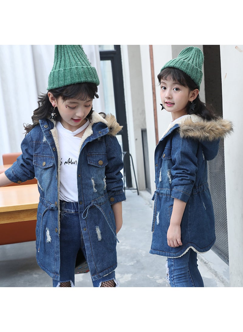 Trendy 2024 Autumn/winter Womens Childrens Korean Style Thickened Denim Jackets Slimming Hooded Sweater Jacket Trendy Yellow Fur-Collar Denim Coat