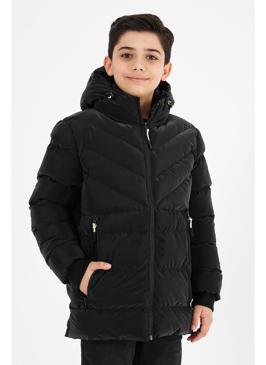 Black Boy Fixed Hooded Puffer Leather Blend Fabric Coat & Jacket