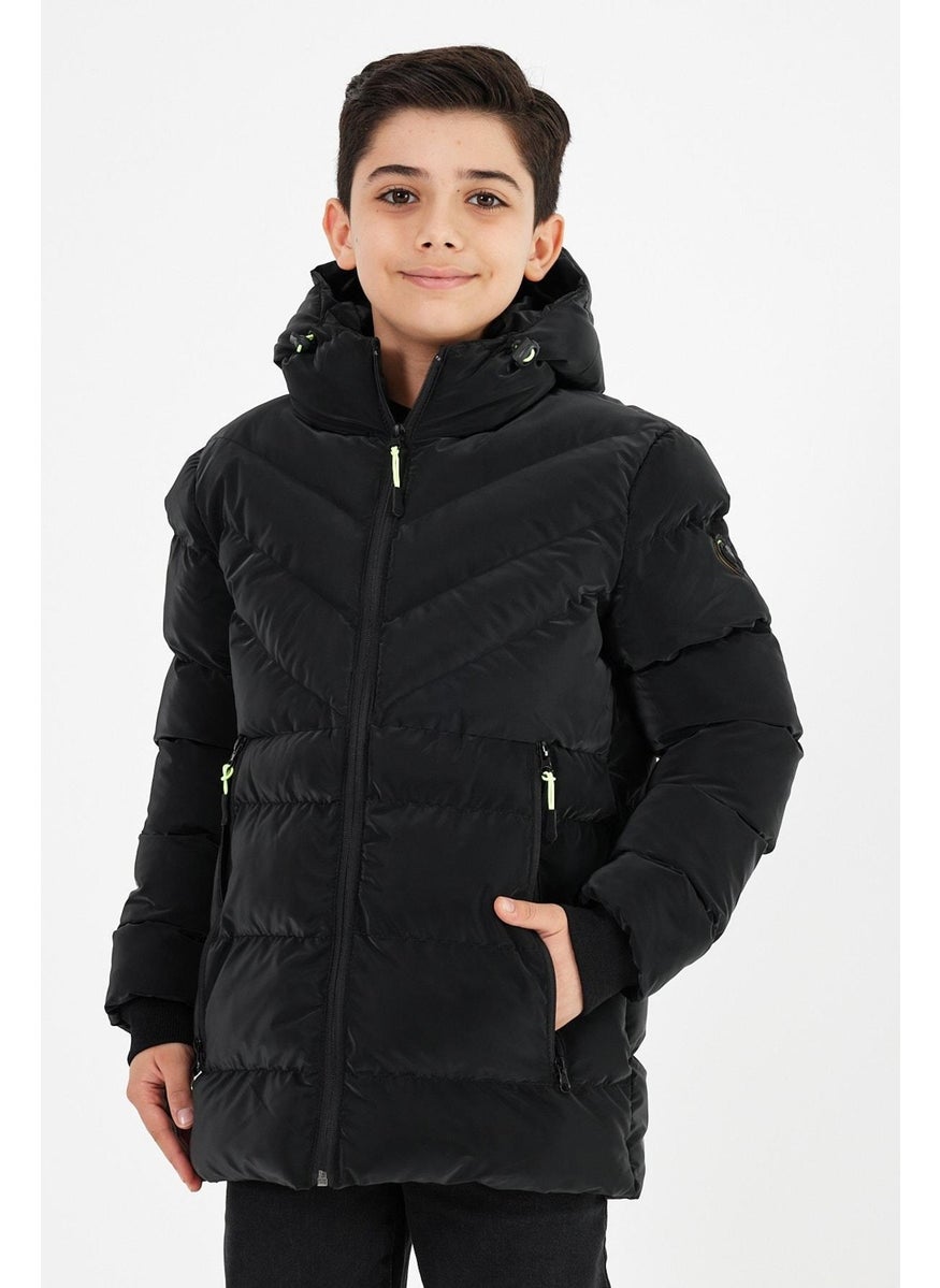 Black Boy Fixed Hooded Puffer Leather Blend Fabric Coat & Jacket