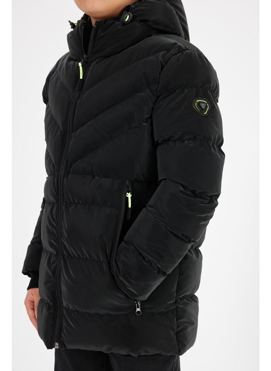 Black Boy Fixed Hooded Puffer Leather Blend Fabric Coat & Jacket