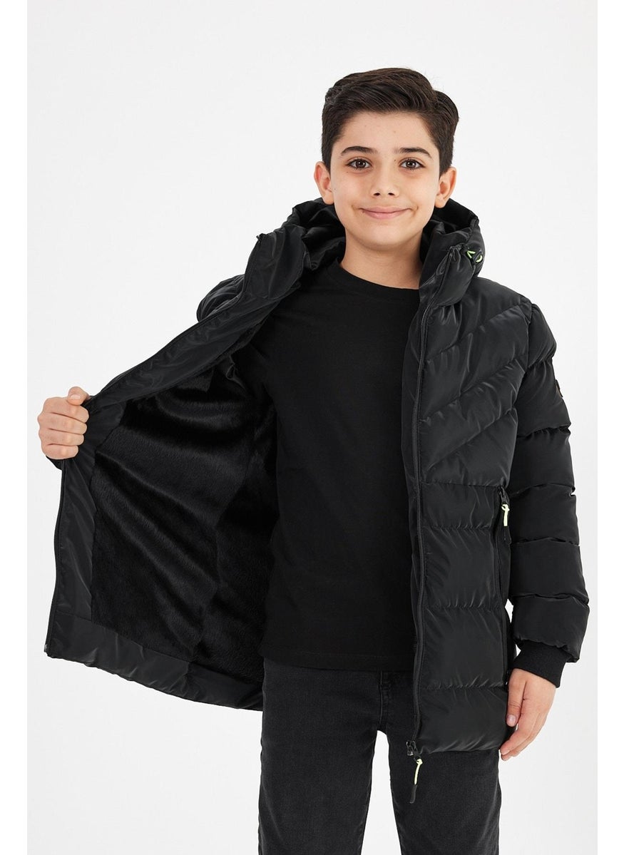 Black Boy Fixed Hooded Puffer Leather Blend Fabric Coat & Jacket