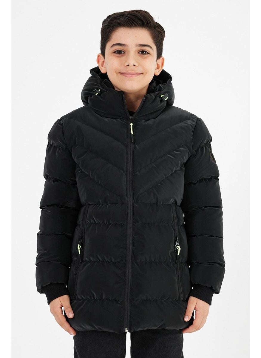 Black Boy Fixed Hooded Puffer Leather Blend Fabric Coat & Jacket