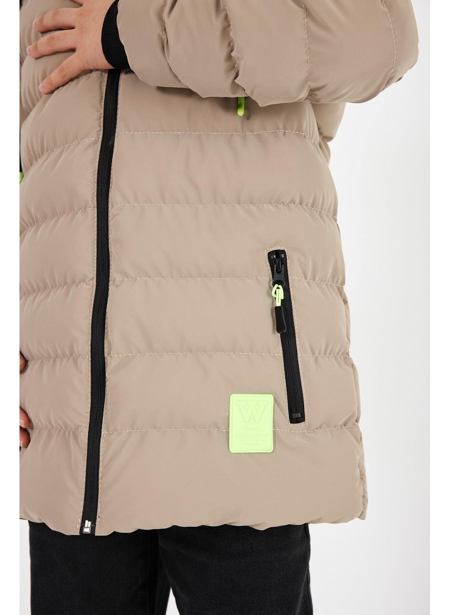 Brown Boy's Detachable Hooded Puffer Leather Blend Fabric Coat & Jacket