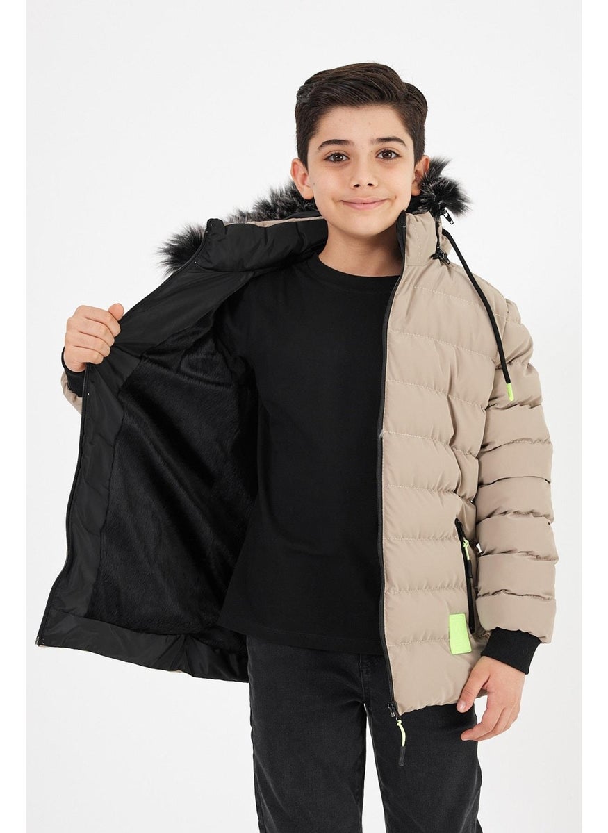 Brown Boy's Detachable Hooded Puffer Leather Blend Fabric Coat & Jacket