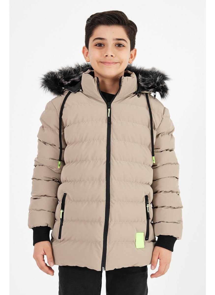 Brown Boy's Detachable Hooded Puffer Leather Blend Fabric Coat & Jacket