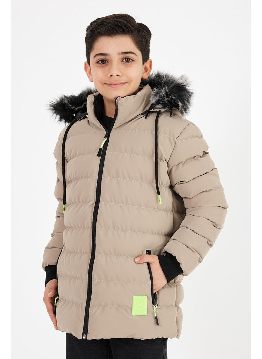 Brown Boy's Detachable Hooded Puffer Leather Blend Fabric Coat & Jacket