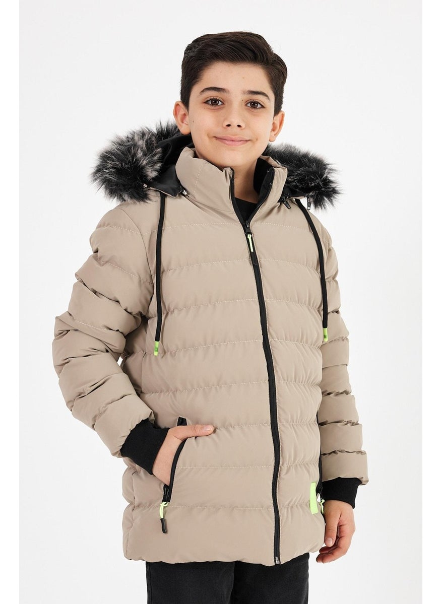 Brown Boy's Detachable Hooded Puffer Leather Blend Fabric Coat & Jacket