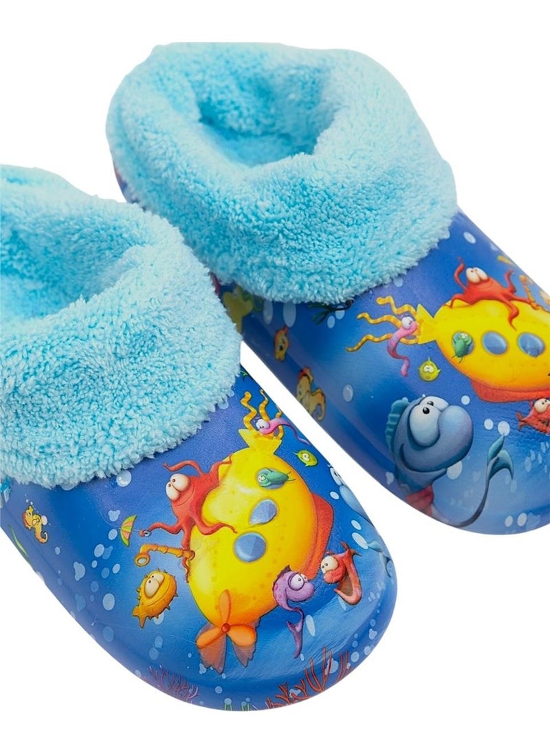Furry Inside Eva Outside Kids Home Nursery School Street Slippers Blue - Yellow