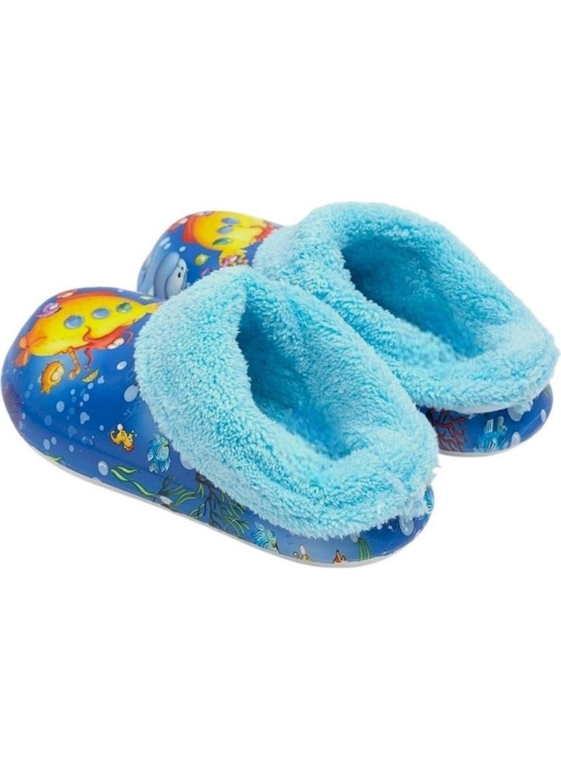 Furry Inside Eva Outside Kids Home Nursery School Street Slippers Blue - Yellow