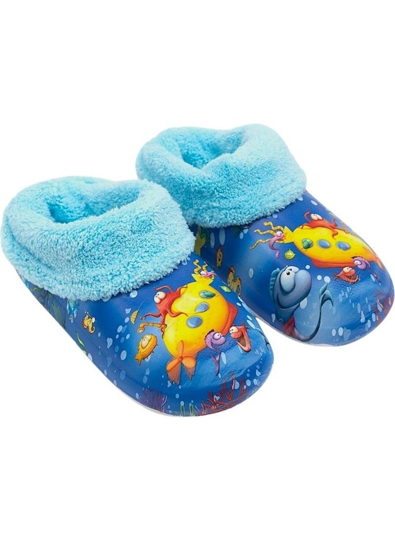 Furry Inside Eva Outside Kids Home Nursery School Street Slippers Blue - Yellow