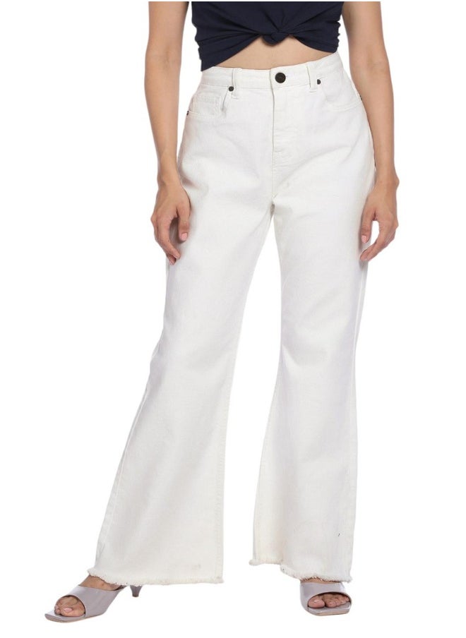 White Bootcut Jeans for Women - Denim Twill, Solid, Mid-Rise, Full Length, Button & Zip, Casual
