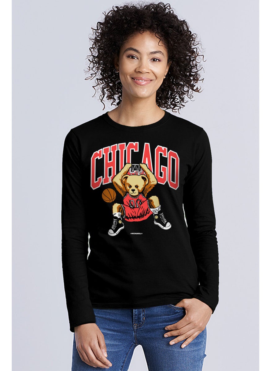 Chicago Basket Crew Neck Black Long Sleeve Combed Cotton Women's T-Shirt