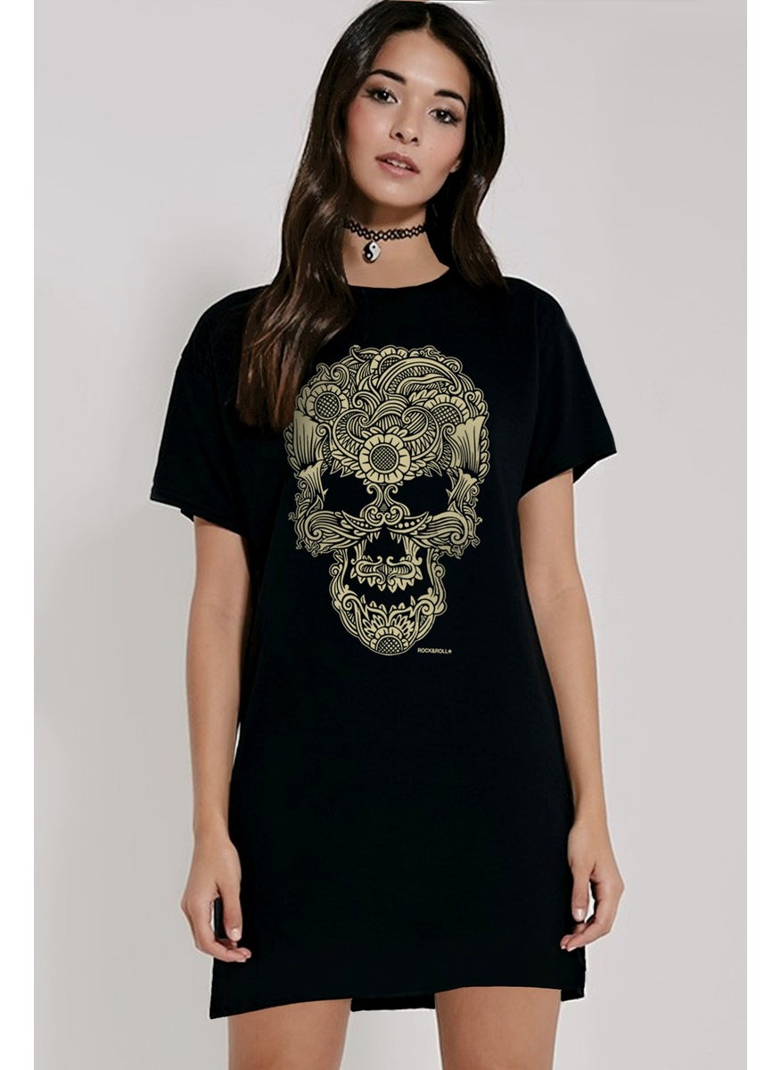 Black Tattoo Skull Short Sleeve Combed Cotton T-Shirt Dress