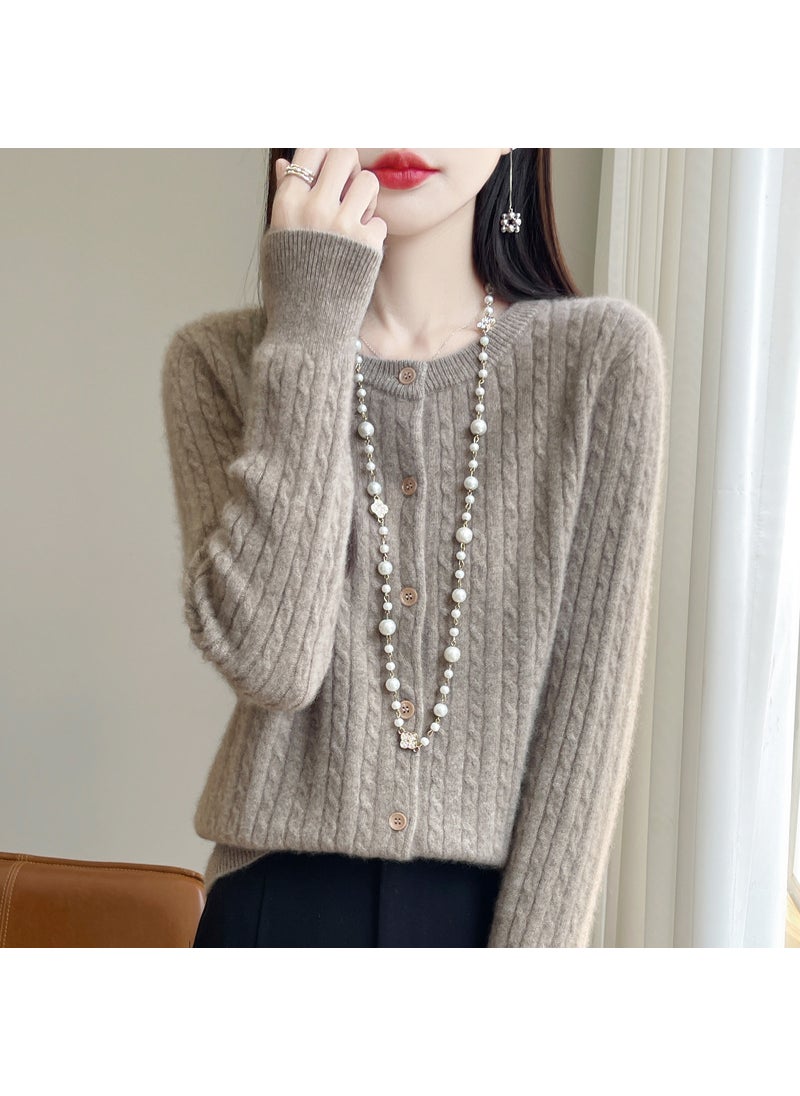 2024 New Womens Vintage Round Neck Knit Sweater Cardigan 100% Wool Long Sleeve Loose-Fit Jacket From China Mainland Camel