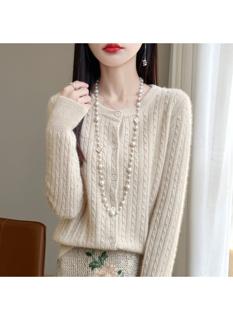 2024 New Womens Vintage Round Neck Knit Sweater Cardigan 100% Wool Long Sleeve Loose-Fit Jacket From China Mainland Beige
