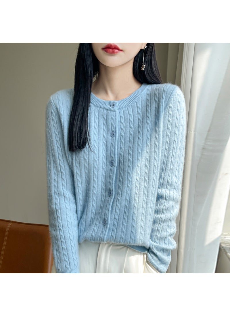 2024 New Womens Vintage Round Neck Knit Sweater Cardigan 100% Wool Long Sleeve Loose-Fit Jacket From China Mainland Lake blue