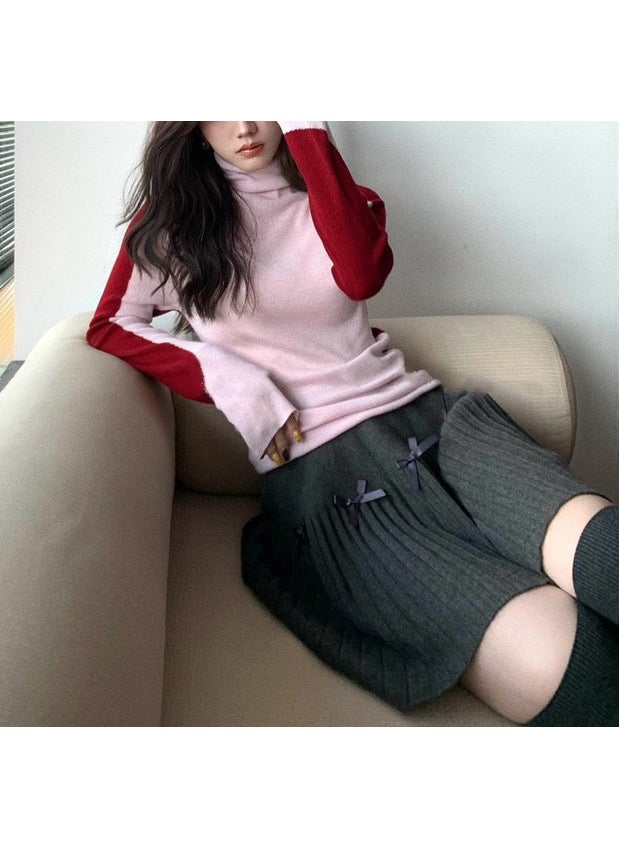 Color Block Ultra Thin Knitted Sweater Womens Slim Fit Base Layer Top Splice Design Sensation Inner Wear Autumn Winter Pink