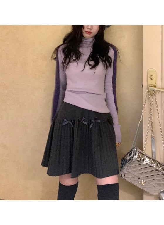 Color Block Ultra Thin Knitted Sweater Womens Slim Fit Base Layer Top Splice Design Sensation Inner Wear Autumn Winter Pink