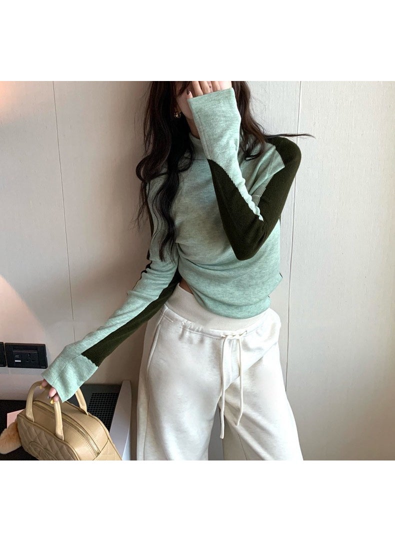 Color Block Ultra Thin Knitted Sweater Womens Slim Fit Base Layer Top Splice Design Sensation Inner Wear Autumn Winter Green