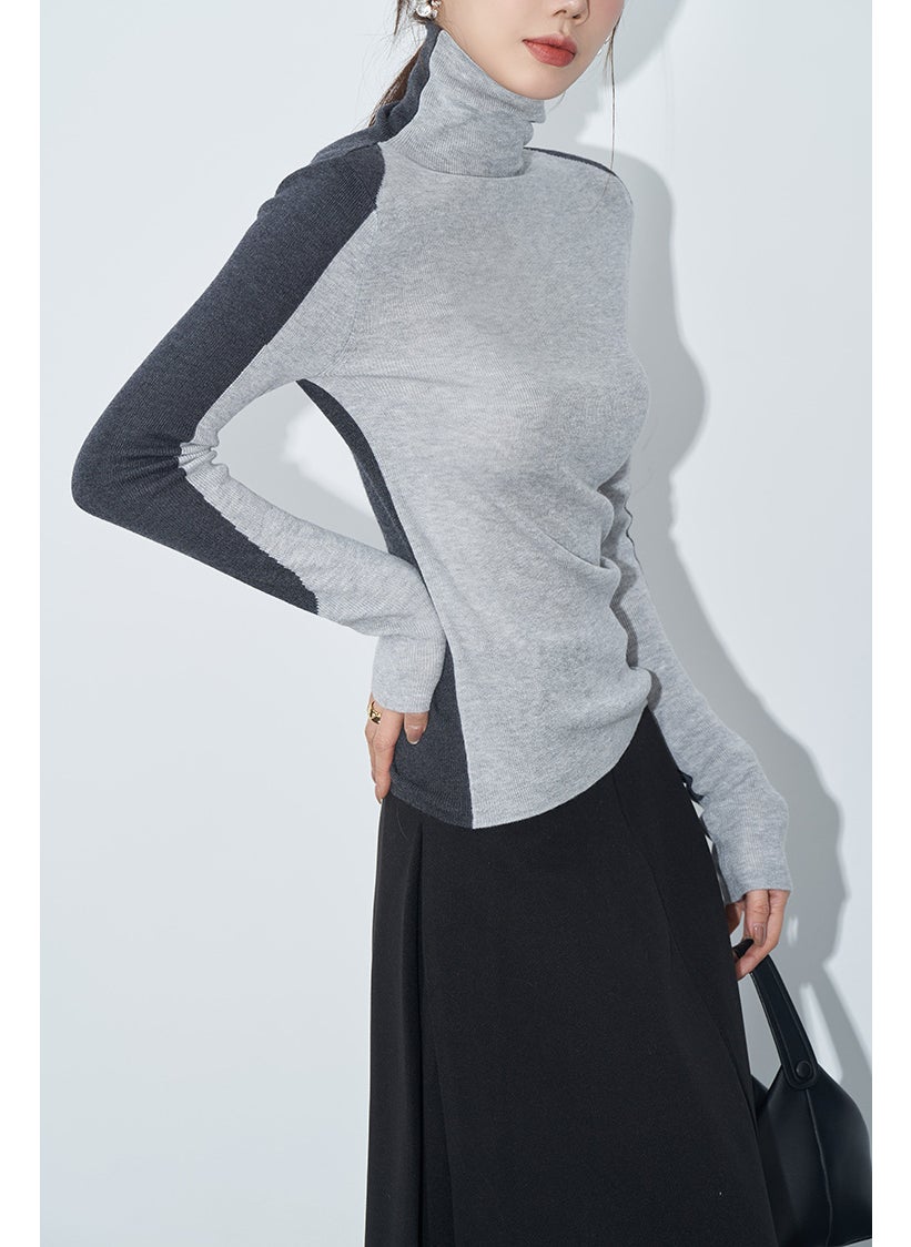 Color Block Ultra Thin Knitted Sweater Womens Slim Fit Base Layer Top Splice Design Sensation Inner Wear Autumn Winter Gray