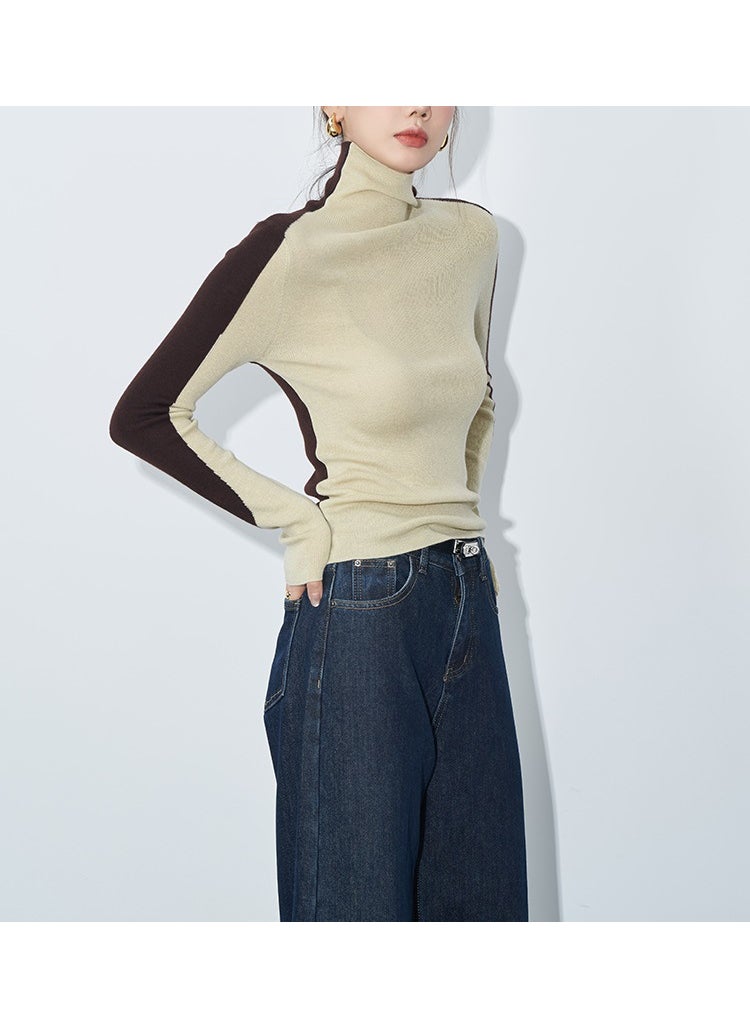 Color Block Ultra Thin Knitted Sweater Womens Slim Fit Base Layer Top Splice Design Sensation Inner Wear Autumn Winter Apricot