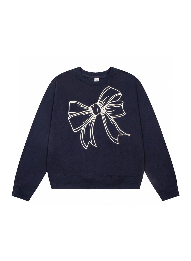 Trendy Korean Brand RONRON Womens Sweatshirt Bow Round Neck Embroidery Letter Loose Fit Hooded Jacket Thick Winter Style Navy blue embroidered bow